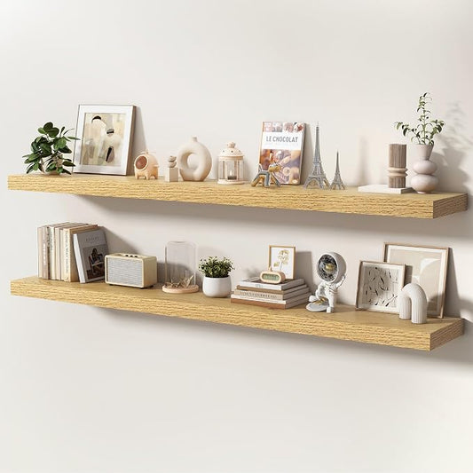 Floating Shelves for Wall, 72 Inch x 8 Inch Deep Wall Mounted Wood Shelf with Invisible Brackets for Storage & Display, Living Room Bedroom Kitchen, Oak, Set of 2