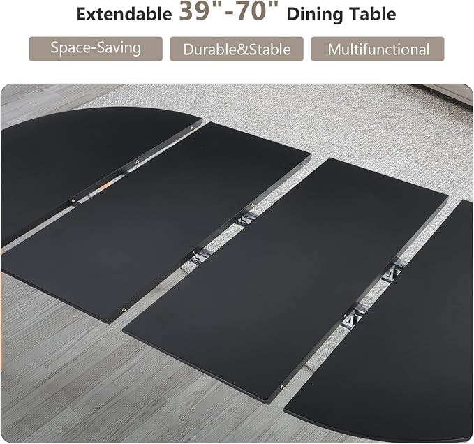 Extendable Round Dining Table for 4 6 Wooden Dining Room Table 39" to 70" Modern Kitchen Table for Dining Room Office Expandable Oval Dinner Table with MDF Top and Wood Tapered Metal Legs Black