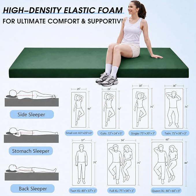 CYMULA 3 Inch Memory Foam Camping Pad, Camping Essentials Roll Up Floor Mat for Car Camping, Cot, Tent, Truck, Travel and Guest Use, Non-Slip Waterproof Bottom, Removable Cover