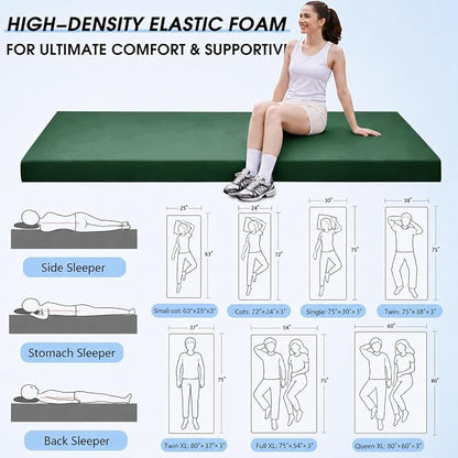 CYMULA 3 Inch Memory Foam Camping Pad, Camping Essentials Roll Up Floor Mat for Car Camping, Cot, Tent, Truck, Travel and Guest Use, Non-Slip Waterproof Bottom, Removable Cover