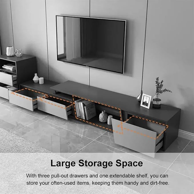 homary Extendable TV Stand with 3 Drawers Minimalist Rectangle Entertainment Center TV Console Up to 110" (70.9”W-110.2”W) (Gray)