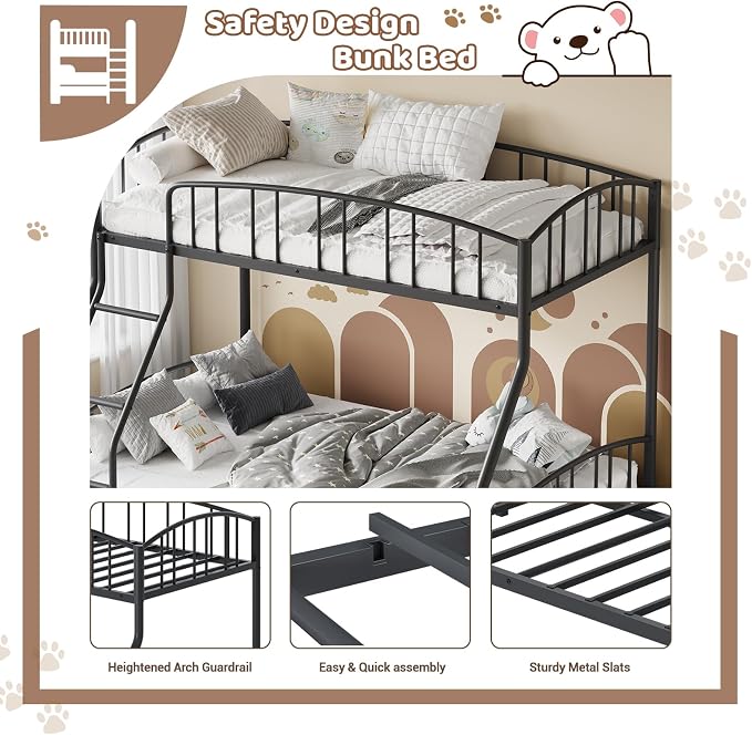 GarveeHome Metal Bunk Bed Twin Over Full, Heavy Duty Bunkbeds Frame with Arched Guardrail and Safety Ladder, Sturdy Steel Bed for Kids Boys Girls, Space-Saving, No Box Spring Needed, Black