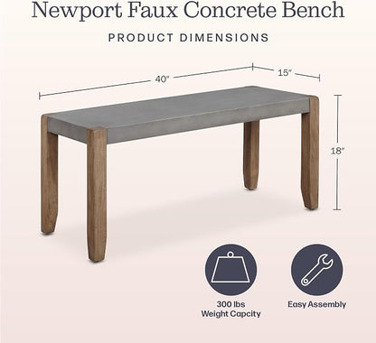Alaterre Furniture Newport Bench with Faux Concrete Seat and Wood Legs - 40 Inch Entryway Bench with Rustic Industrial Design - Benches for Bedroom, Living Room, Dining Room, and Mudroom