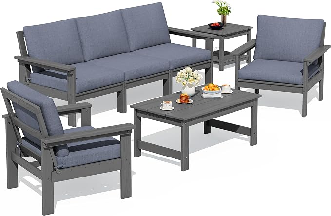 SERWALL HDPE Patio Furniture Set, 7-piece Outdoor Sectional Sofa Set, All Weather Outdoor Couch Set for Deck, Lawn, Grey Frame with Grey Cushion