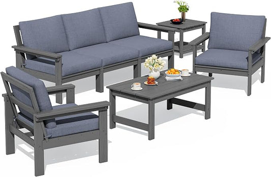 SERWALL HDPE Patio Furniture Set, 7-piece Outdoor Sectional Sofa Set, All Weather Outdoor Couch Set for Deck, Lawn, Grey Frame with Grey Cushion