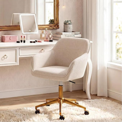 Zesthouse Vanity Chair with Wheels for Girl Women, Swivel Office Desk Chair | Beige Chenille Rolling Office Chair with Arms & Gold Base, Upholstered Fabric Desk Chair for Bedroom, Height Adjustable Chair