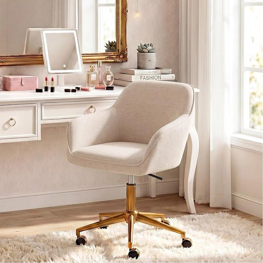 Zesthouse Vanity Chair with Wheels for Girl Women, Swivel Office Desk Chair | Beige Chenille Rolling Office Chair with Arms & Gold Base, Upholstered Fabric Desk Chair for Bedroom, Height Adjustable Chair