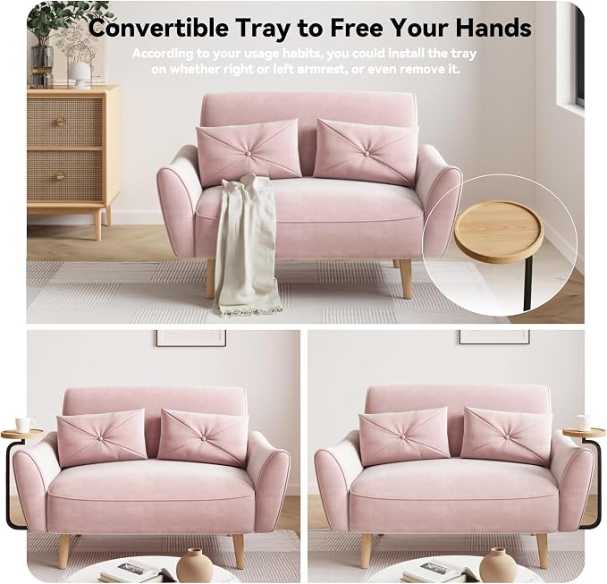 Brelice Loveseat Sofa, 47" Velvet Couch for Bedroom, Convertible Wooden Tray & Ergonomic Armrest, for Small Space, Apartment, Living Room, Home Office, Easy Assembly, Pink