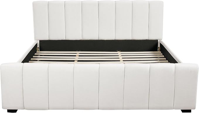 Merax King Size Upholstered Platform Bed with Thick Headboard and Footboard, Block Style Linen Fabric Bed Frame with Solid Wood Legs, Beige