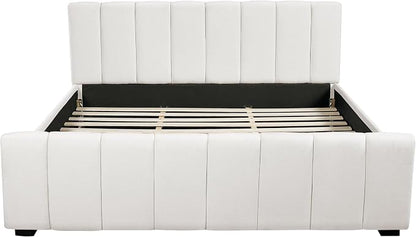 Merax King Size Upholstered Platform Bed with Thick Headboard and Footboard, Block Style Linen Fabric Bed Frame with Solid Wood Legs, Beige