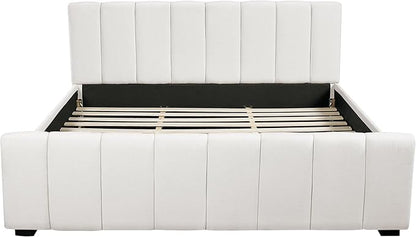Merax King Size Upholstered Platform Bed with Thick Headboard and Footboard, Block Style Linen Fabric Bed Frame with Solid Wood Legs, Beige