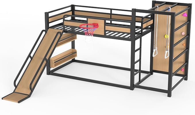 Bellemave Twin Size Bunk Bed with Basketball Hoop, Pull-up Rings and Climbing Wall, Twin Bunk Bed with Slide and Bookcase, Heavy Duty Bunk Beds with Guardrail, Natural