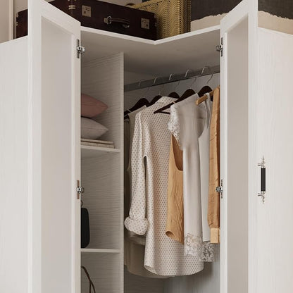 MEISSALIVVE L-Shape Armoire Wardrobe Closet with Frosted Glass Door, 70.9''H Bedroom Clothing Storage Cabinet with Hanging Rod, Adjustable Shelves, Clothes Wardrobe Armoire for Bedroom, Wood Grain
