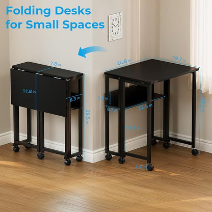 GreenForest Folding Desk with Wheels, 24.8 Inch Compact Rolling Computer Table with Storage Shelf, Portable Mobile Workstation for Small Spaces, Easy Assembly, Black