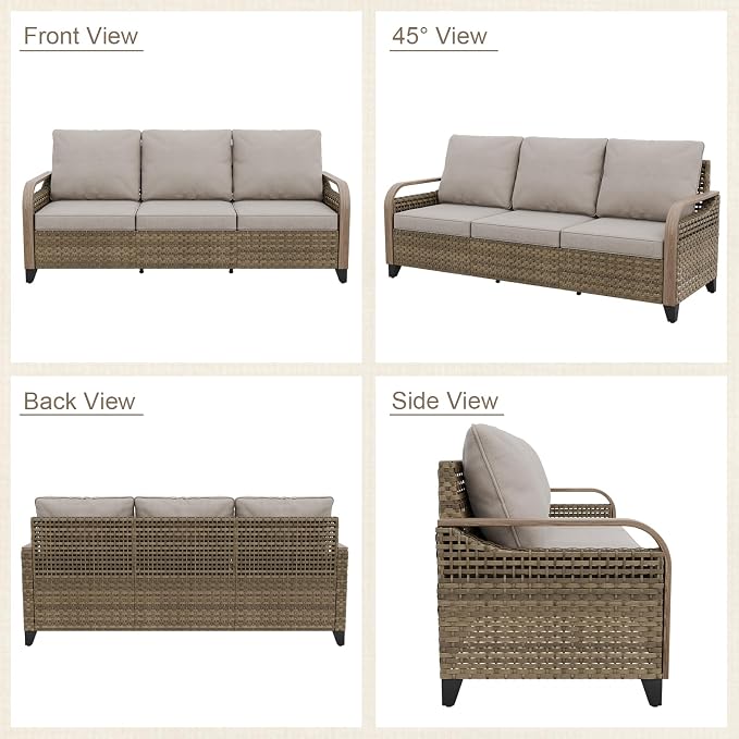 Modern Wicker Patio Sofa, Rattan Outdoor Couch for Small Balcony, 3 Seat Couch Furniture Set for Garden Deck Backyard, Brown/Gray