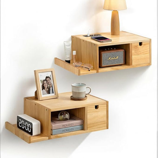 Afuly Floating Nightstand Set of 2 with Charging Station, Wall Mount Night Stands with Drawer Hanging Bedside Table End Table, Solid Wood Modern Side Table Shelf for Bedroom Natural Wooden Decor