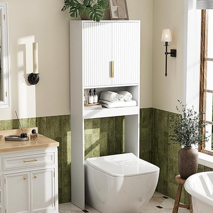 VINGLI Over The Toilet Storage Cabinet White, Modern Bathroom Organizer with Fluted Doors, Freestanding Wooden Space Saver Stand with Adjustable Bottom Bar for Laundry, Gold Handles