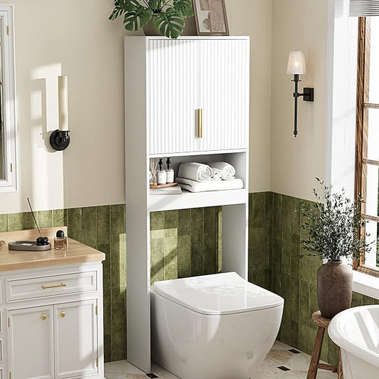 VINGLI Over The Toilet Storage Cabinet White, Modern Bathroom Organizer with Fluted Doors, Freestanding Wooden Space Saver Stand with Adjustable Bottom Bar for Laundry, Gold Handles
