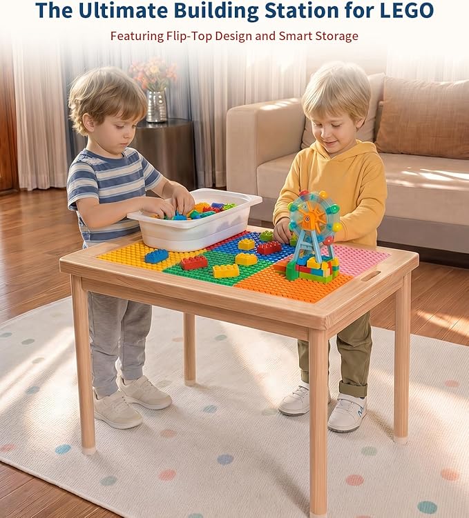 JOIN&JOY 28" Kids Activity Table, Compatible with Lego & Duplo Bricks, 4 Foldable Storage Bins, Premium Solid Pine Wood Play Desk, Reversible Tabletop for Multi-Child STEM Learning & Crafts