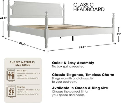 Solid Wood King Size Platform Bed Frame, A Headboard & Footboard, Under Bed Storage, 12 Strong Slats with Center Metal Legs, Anti-Noise & Slip-Free, No Box Spring Needed, Pure White Finish, ROK-39