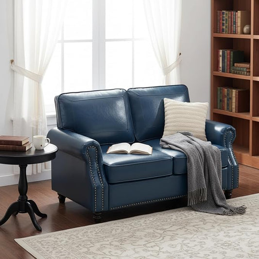 Kingfun Small Leather Loveseat, 57.9" Mid Century Modern Leather Couch for Living Room, Bedroom, Office, Love seat Sofas, Mini Sofa with Rolled Arms and Nailhead Trim, Blue