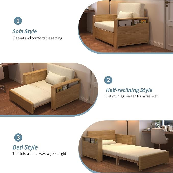 48" Natural Wood Tone Solid Wood Frame, 3-in-1 Sleeper Sofa with Storage | Solid wood sofa for living rooms, apartments & offices — single-size, it works as a guest bed to maximize small space.