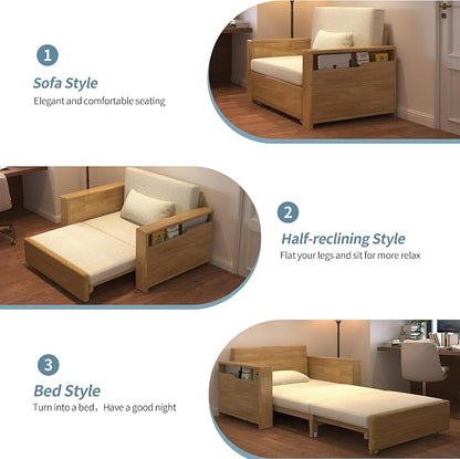48" Natural Wood Tone Solid Wood Frame, 3-in-1 Sleeper Sofa with Storage | Solid wood sofa for living rooms, apartments & offices — single-size, it works as a guest bed to maximize small space.