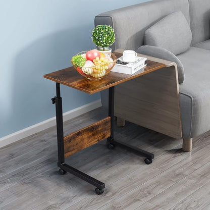 TV Tray Bed Side Table, Portable Rolling Desk Hospital Bed Laptop Table, Small Standing Desk with Wheels Adjustable Height for Sofa, Bedside, Tablet Use, Secure Non Tilt, 23.6" W, Brown