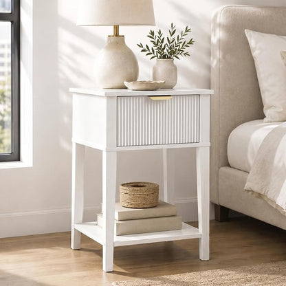 Modern Fluted Small Wood Nightstand, 11.8" Deep x 15.4" Narrow Bedside Table with Drawer & Open Shelf, Farmhouse Chic Accent Side Table for Bedroom & Sofa - White | Bright white tone, ribbed fluted front, 11.8-inch slim depth, concealed storage, clean ...