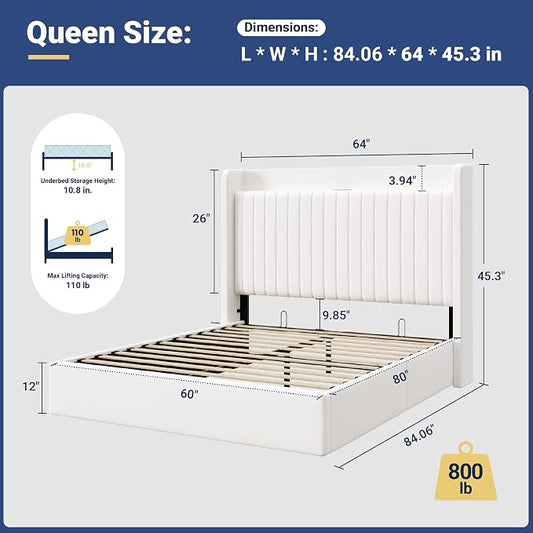Allewie Queen Size Lift Up Storage Bed Frame,Storage Shelf Headboard with Charging Station,Type-C and USB Ports,Hydraulic Support,Velvet Upholstered Bed Frame,No Box Spring Needed,White