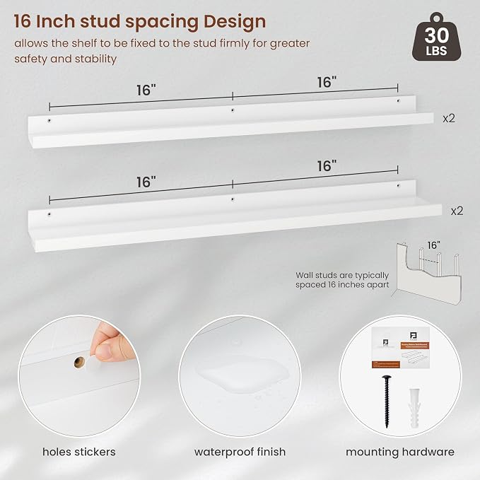 Axeman Picture Ledge Shelf | 36 Inch White Floating Shelves Set of 4 | Rustic Wood Wall Shelves with Lip | 36" White Picture Shelves for Wall with Ledge | Photo Shelves