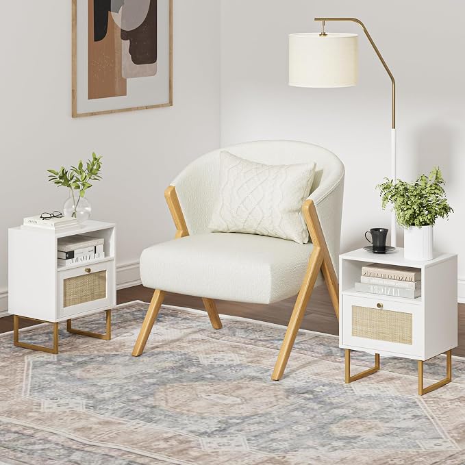 Masupu Extra Large Rattan Nightstand,Boho Night Stand Modern Farmhouse Wood Bedside Table with Storage Drawer and Open Shelf,Side End Table for Bedroom,Living Room,Office White