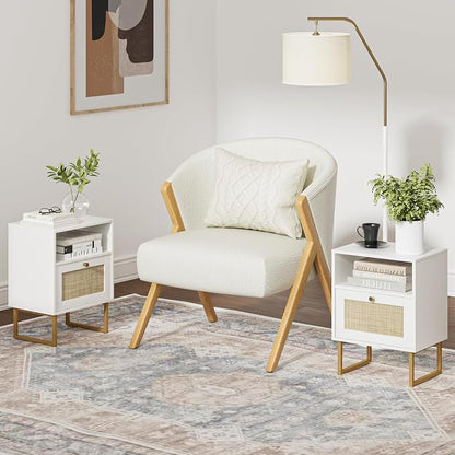 Masupu Extra Large Rattan Nightstand,Boho Night Stand Modern Farmhouse Wood Bedside Table with Storage Drawer and Open Shelf,Side End Table for Bedroom,Living Room,Office White