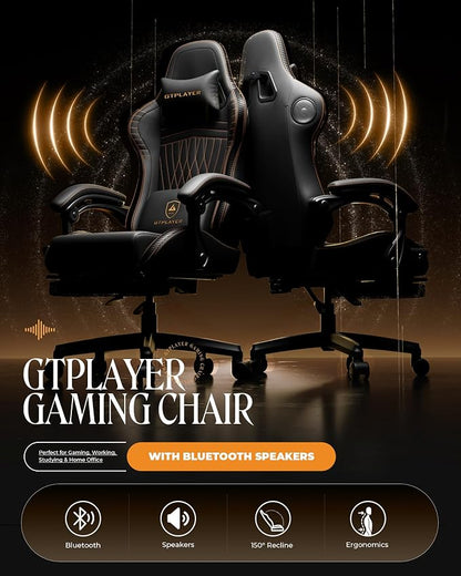 GTPLAYER Gaming Chair with Speakers, Video Game Chairs with Footrest, PC Gamer Chairs for Adults - Padded High Back Ergonomic Reclining Silla Gamer, Linkage Armrest, Ace Pro, Black & Orange Stitch