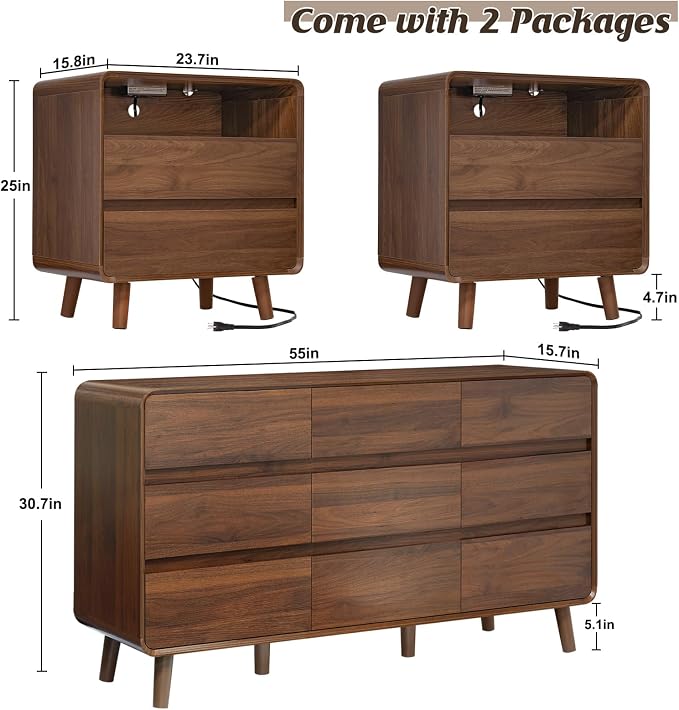 Nasonet Dresser and Nightstand Sets 3 Piece, Mid Century Modern 9 Drawer Dresser and 2 Drawer Night Stand Set 2, Wooden Chest of Drawers Bedroom Furniture Set, Walnut
