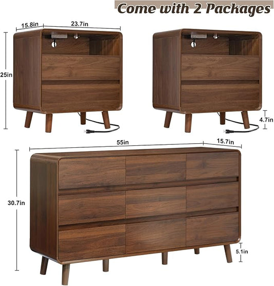 Nasonet Dresser and Nightstand Sets 3 Piece, Mid Century Modern 9 Drawer Dresser and 2 Drawer Night Stand Set 2, Wooden Chest of Drawers Bedroom Furniture Set, Walnut