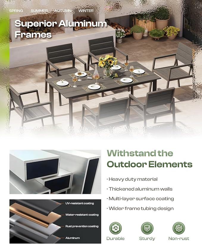 Outdoor Dining Set for 10, Patio Table and Chairs Set with Umbrella Hole, 12 Pieces HDPS + Aluminum Outdoor Furniture Sets for Patio, Garden (Charcoal)