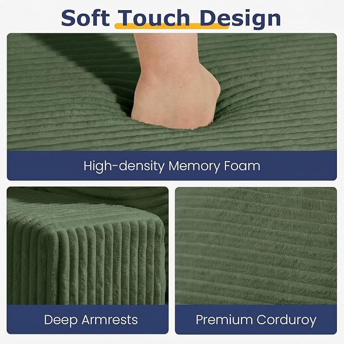 Boneless Couch for Living Room, 3 Seater Convertible Futon Sofa Bed Comfy Pull Out Couch with 5 Pillows & Detachable Washable Cover, Upholstered Floor Sofa in A Box, No Assembly Required, Green