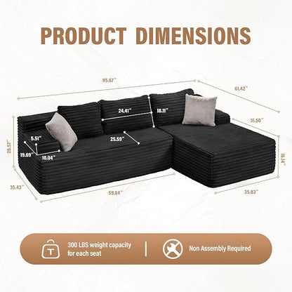Hobestluk Boneless Couch Modular Sectional Sofa L-Shape Cloud Couch Lounge | 96" Right Facing Chaise Black,Memory Foam,Removable Cover,Non-slip Bottom,No Assemble Required,Furniture for Small Home