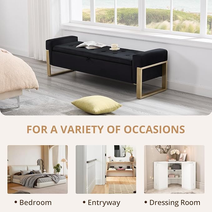 End of Bed Storage Bench, 67'' Benches for Bedroom Foot of Bed King Size, Upholstered Velvet Tufted Storage Ottoman Bench with Gold Legs for Window Living Room Entryway, Black