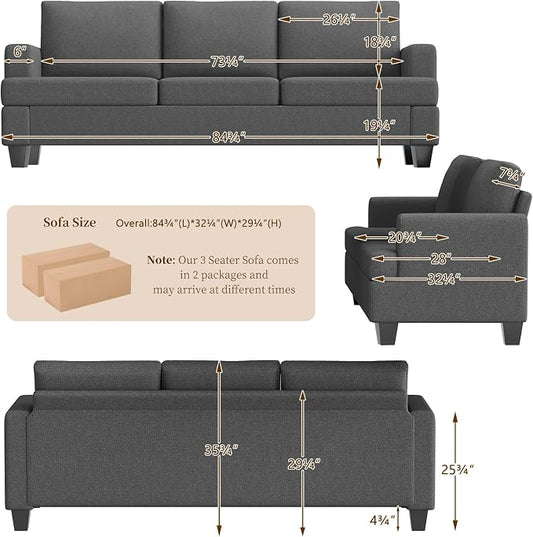 Furnimart 85 inch Grey 3 Seater Couches, Modern Cozy Deep Seat Sofa, Comfy Fluffy Couch for Living Room, Small Couches for Small Space, with Removable Sofa Cover, Dark Grey