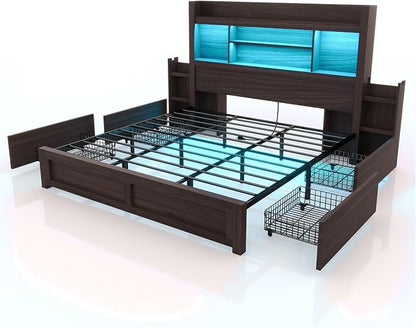 LUXOAK King Bed Frame with 49.6" Bookcase Headboard & 2 Bedside Stoage Racks & 4 Drawers, Farmhouse Wood Bed Frame with RGB LED & Charging Station, No Box Spring Needed, Black