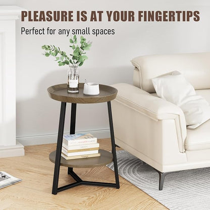 Gadroad Round End Table with Storage Shelf, 2 Tier Farmhouse Side Table Nightstand for Living Room, Bedroom, Wood Tabletop & Black Metal Frame, Walnut Color 15.7 * 15.7 * 23.0inches