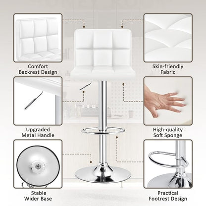 Furniwell Bar Stools Modern Pu Leather Swivel Adjustable Barstools Armless Counter Height Swivel Bar Stool Synthetic Leather Height Square Barstool with Set of 2 (White)