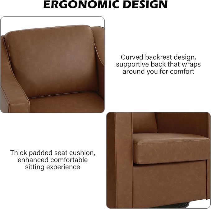 Swivel Accent Chair, Modern Round Barrel Arm Chair for Living Room, Bedroom, Comfy Club Reading Chairs for Adults (Leather Coffee, Set of 2)