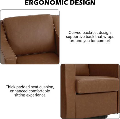 Swivel Accent Chair, Modern Round Barrel Arm Chair for Living Room, Bedroom, Comfy Club Reading Chairs for Adults (Leather Coffee, Set of 2)
