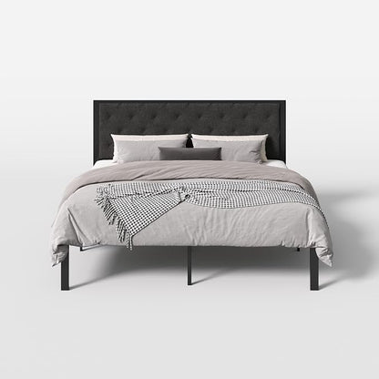 SHA CERLIN King Size Metal Bed Frame with Linen Tufted Headboard, Dark Gray | Modern Design Heavy-Duty Platform Bed, No Box Spring Need, Linen Fabric Upholstery, Noise Free, Easy Assembly