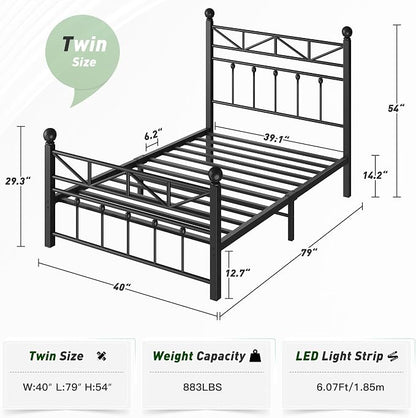 EnHomee 14.2" Metal Twin Bed Frames with Tall Headboard & Footboard, LED Light Twin Bed Frame, Strong Slats Support and Noise-Free Design with Under Bed Storage/No Box Spring Needed/Black