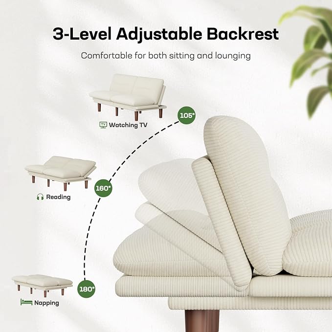 Marsail 75" Futon Sofa Bed, Convertible Corduroy Futon Couch with Adjustable Backrest & Armrests, Small Sleeper Sofa Loveseat for Living Room, Apartment, White