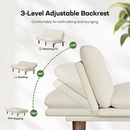 Marsail 75" Futon Sofa Bed, Convertible Corduroy Futon Couch with Adjustable Backrest & Armrests, Small Sleeper Sofa Loveseat for Living Room, Apartment, White